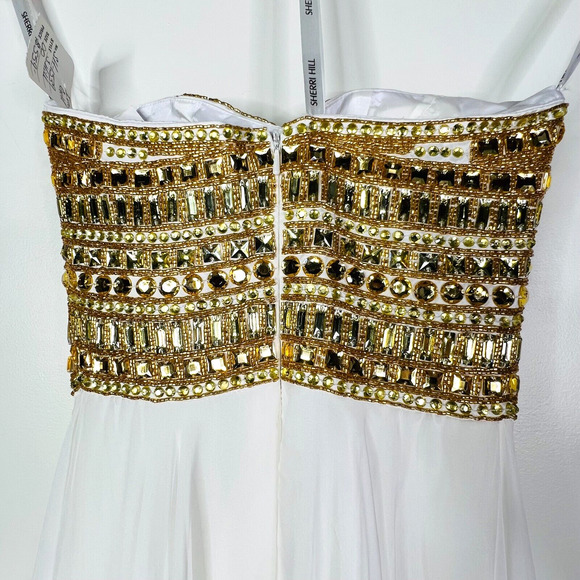 Sherri Hill NWT Gold Beaded Ivory Strapless Long Dress Size 00 Style 1569 - Picture 4 of 9